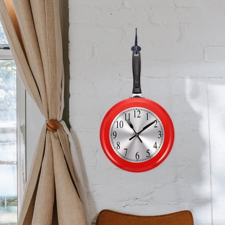 WASHWEPE 1Set Red Stainless Steel Wall Clock Frying Pan Shape Non Ticking Wall Mounted Clock
