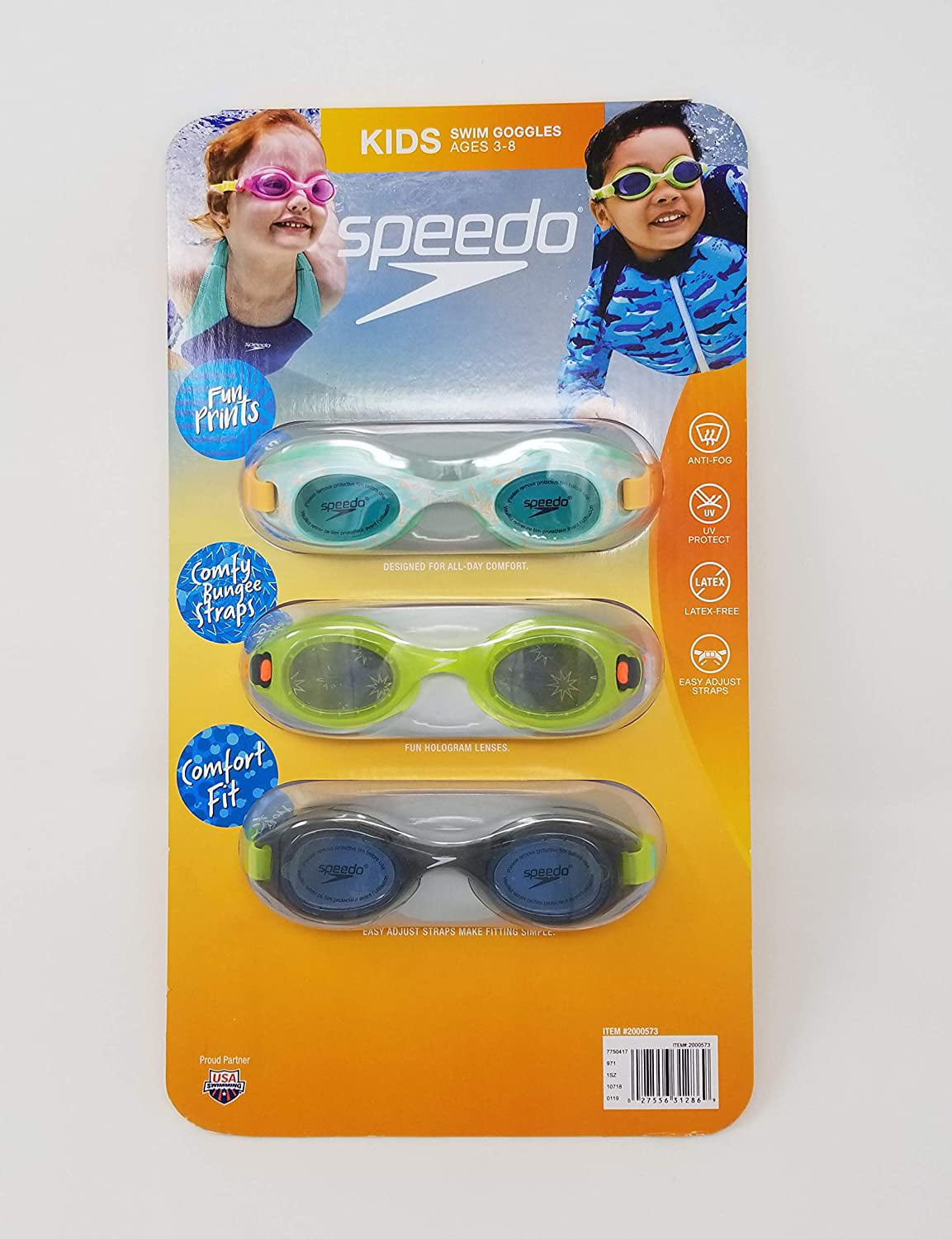 Speedo Kids New 3 Pack Swim Goggles UV Protection All-Day Comfort Easy Adjust 