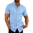 thumbnail image 2 of Basic Mens Short Sleeve Cotton Linen Shirt Button Up Turn Down Collar Casual Summer Beach Vacation Breathable Solid Shirt Light Blue 3XL, 2 of 6