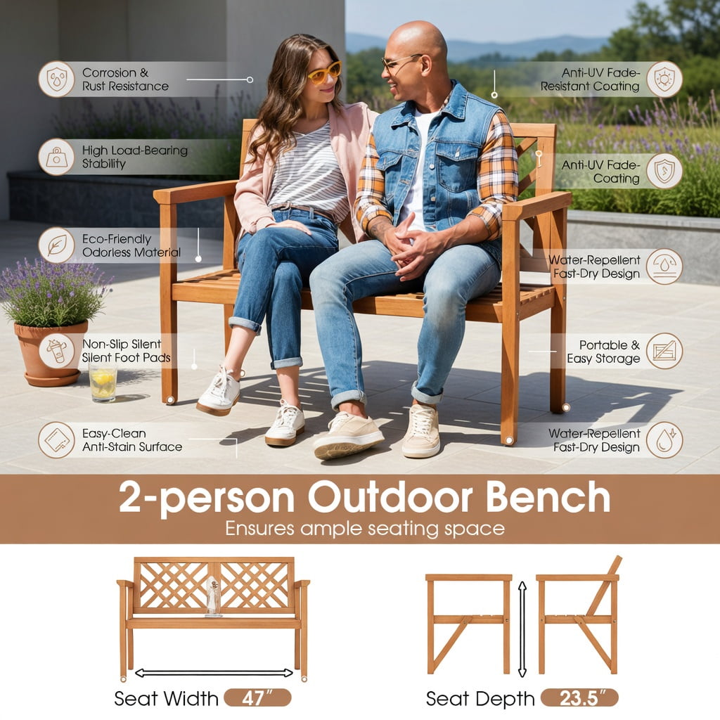 Hommoo 2-Person Outdoor Teak Wood Garden Bench with Ergonomic Backrest & Armrests, Weather-Resistant Patio Seating for Yard, Porch, Poolside, Natural