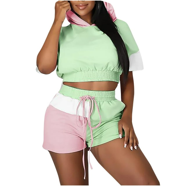 Yuyuzo Womens Sweat Suits 2 Piece Set Short Sleeve Color Block Hoodie Oversized Sweatshirts Shorts Tracksuits