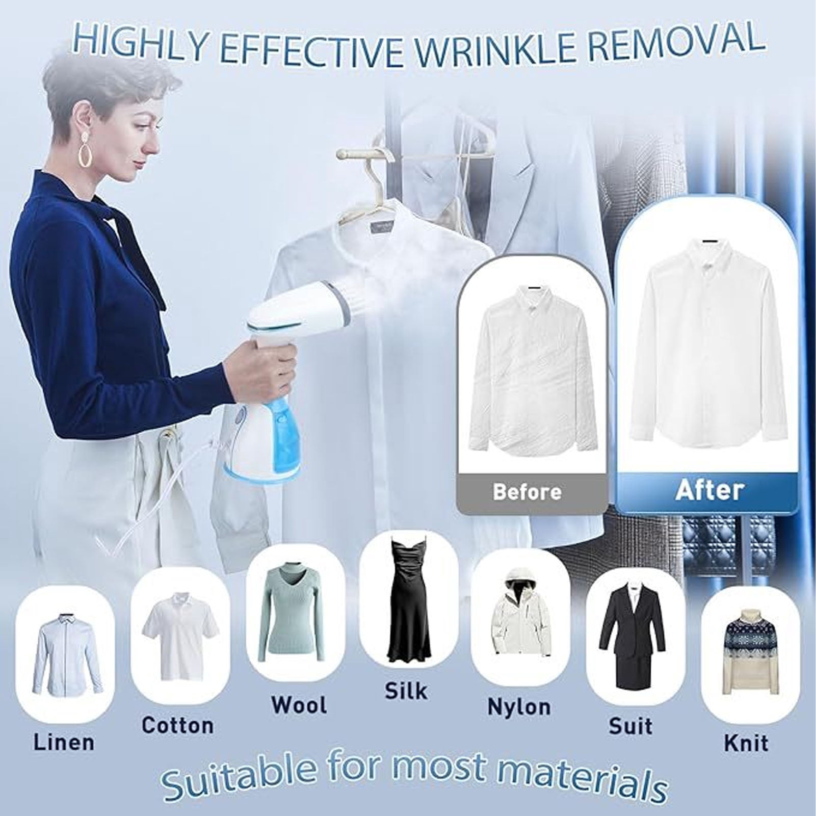 YAHHU Handheld Steam Iron for Clothes 1100W 280ml Portable Steaming Machine, Fast Heating Garment Fabric Wrinkles Remover for Home Travel, 10.6 inches / 26.9 cm, US Plug Blue