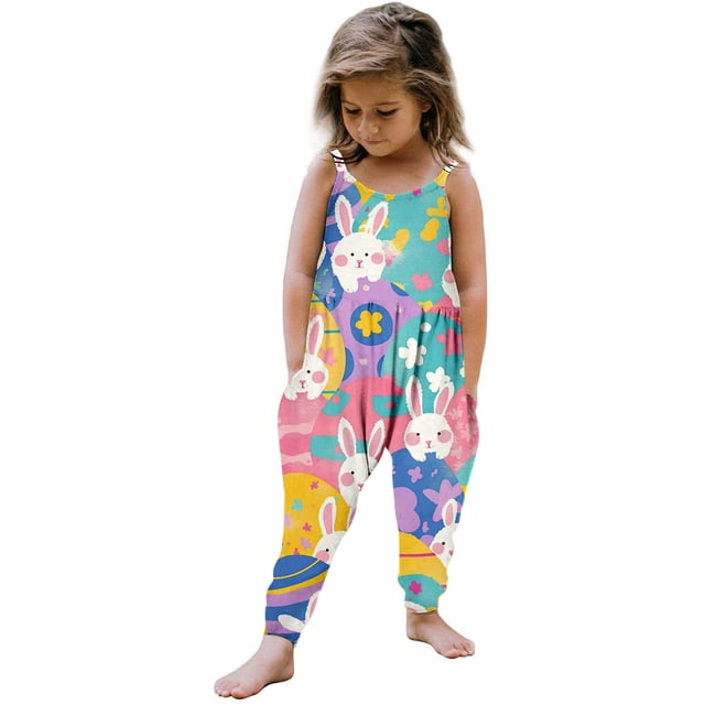 Combinaison de Pâques pour Fille, Barboteuses pour Tout-Petites, Salopettes Sans Manches avec Poches Latérales, Vêtements d'Été pour Filles 4T