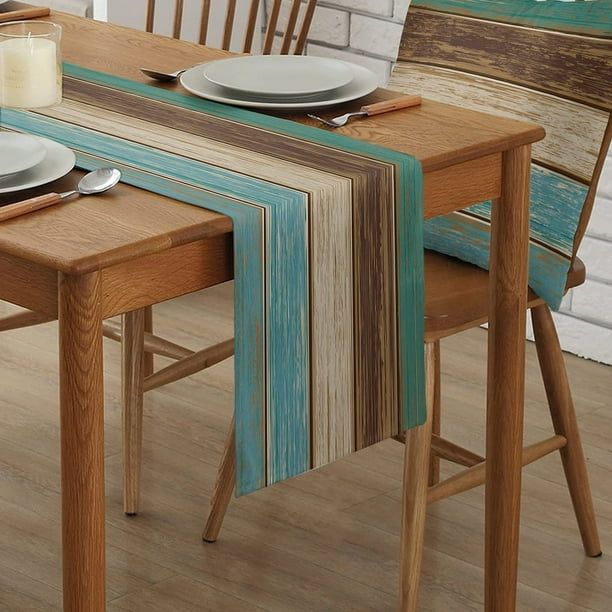 Caminos de mesa de granja largos, camino de mesa rústico verde azulado turquesa azul verde marrón madera rayas algodón sábanas arpillera cómoda bufandas decoración de mesa para cocina comedor mes