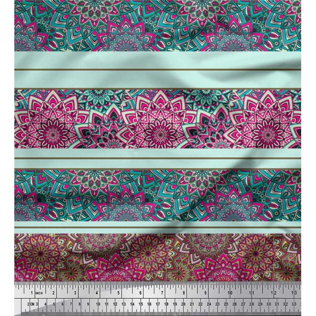 Soimoi Polyester Crepe Fabric Stripe & Mandala Kaleidoscope Print Fabric by Yard 42 Inch Wide