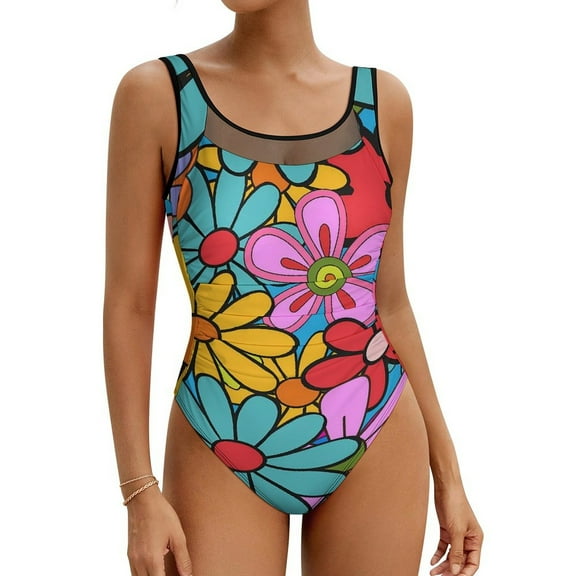 Flower Power Swimsuit Bright Floral One Piece Swimwear Push Up Simple Bathing Suit Sexy Fitness Design Bodysuit