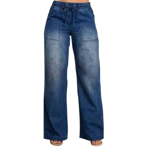 Avirosel Women's Baggy Wide Leg Jeans Elastic High Waist Drawstring Straight Leg Denim Pants Casual Denim Trousers with Pockets