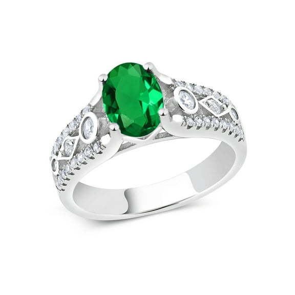 Gem Stone King 925 Sterling Silver Green Nano Emerald Engagement Ring for Women (1.56 Cttw, Available in Size 5, 6, 7, 8, 9)