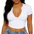 thumbnail image 2 of Staron Women's Crop Top Notched V-Neck Short Sleeve Slim Fit Ribbed Knit Casual Solid Color Tee for Streetwear Brunch Festival, White L, 2 of 5
