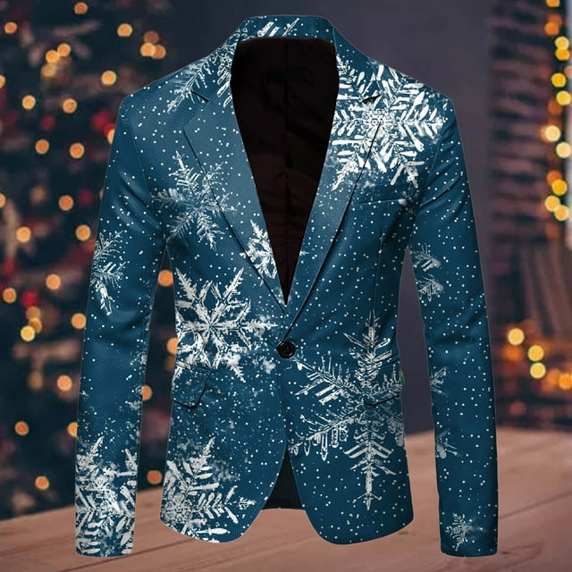 Men Christmas Snowflake Santa Printed Pocket Lapel Button Suit Jacket