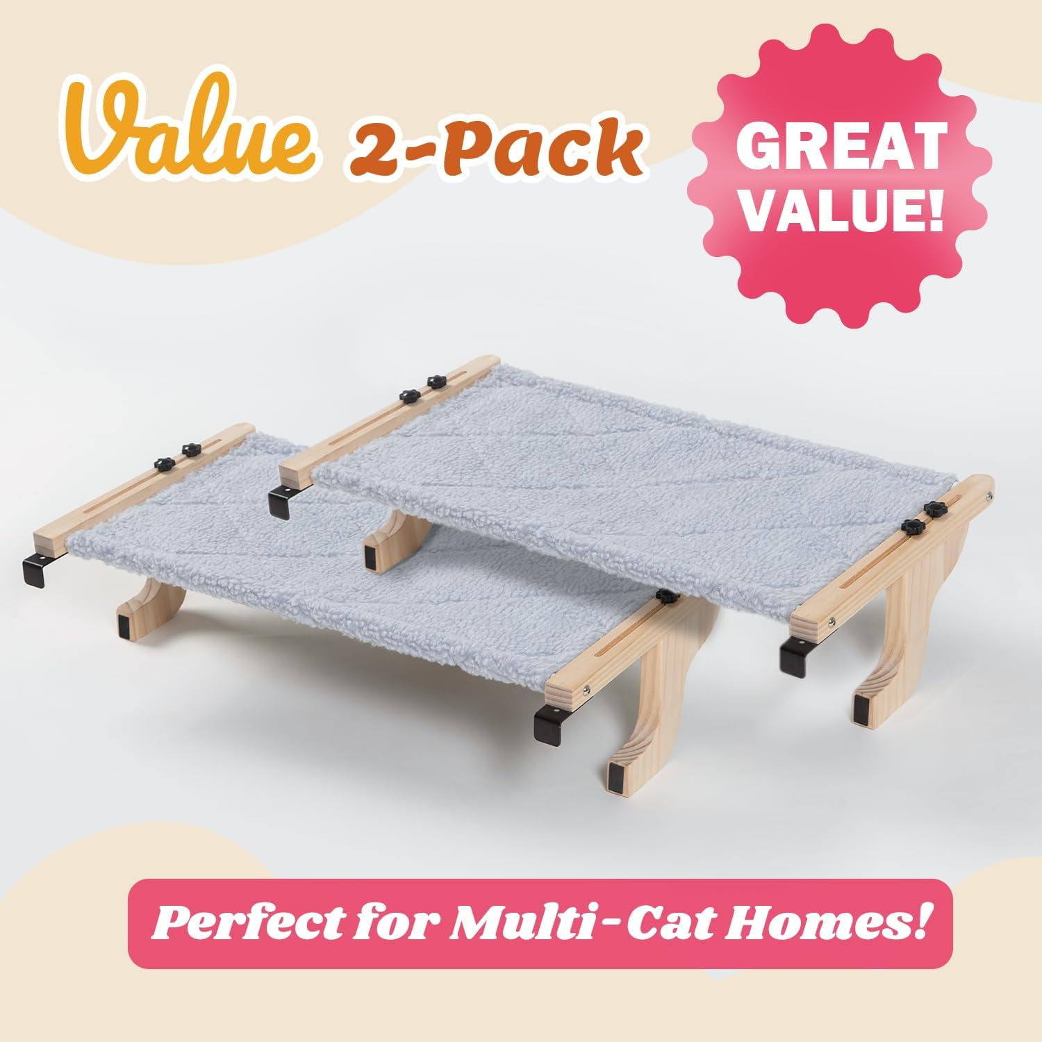 2PC Easy Seat Cat Perch for Window Sill - Hammock Design w/Pine Wood & Robust Metal Frame - Cat Window Seat for Large Cats and Kittens (Dark Stained Wood w/Gray Bed, Large (26''W x 14''D)