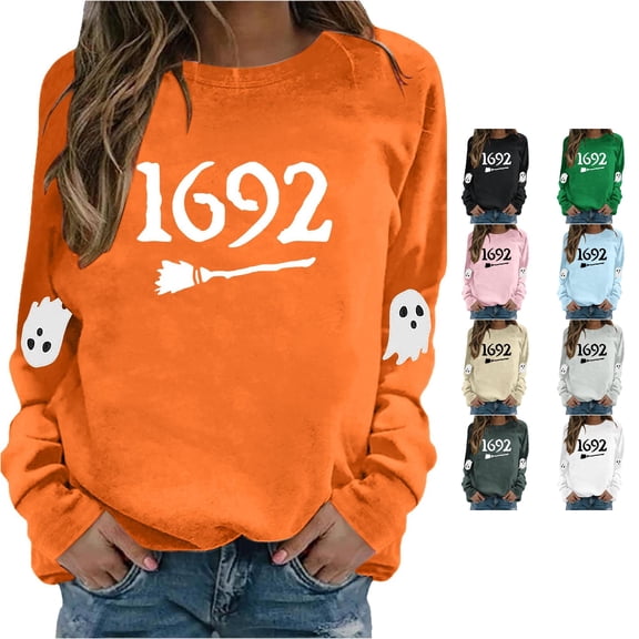 Halloween Sweatshirt for Women Hoodless Sweatshirt for Comfort and Casual Fall Winter Style Wardrobe for Stylish Daily Wear Orange L
