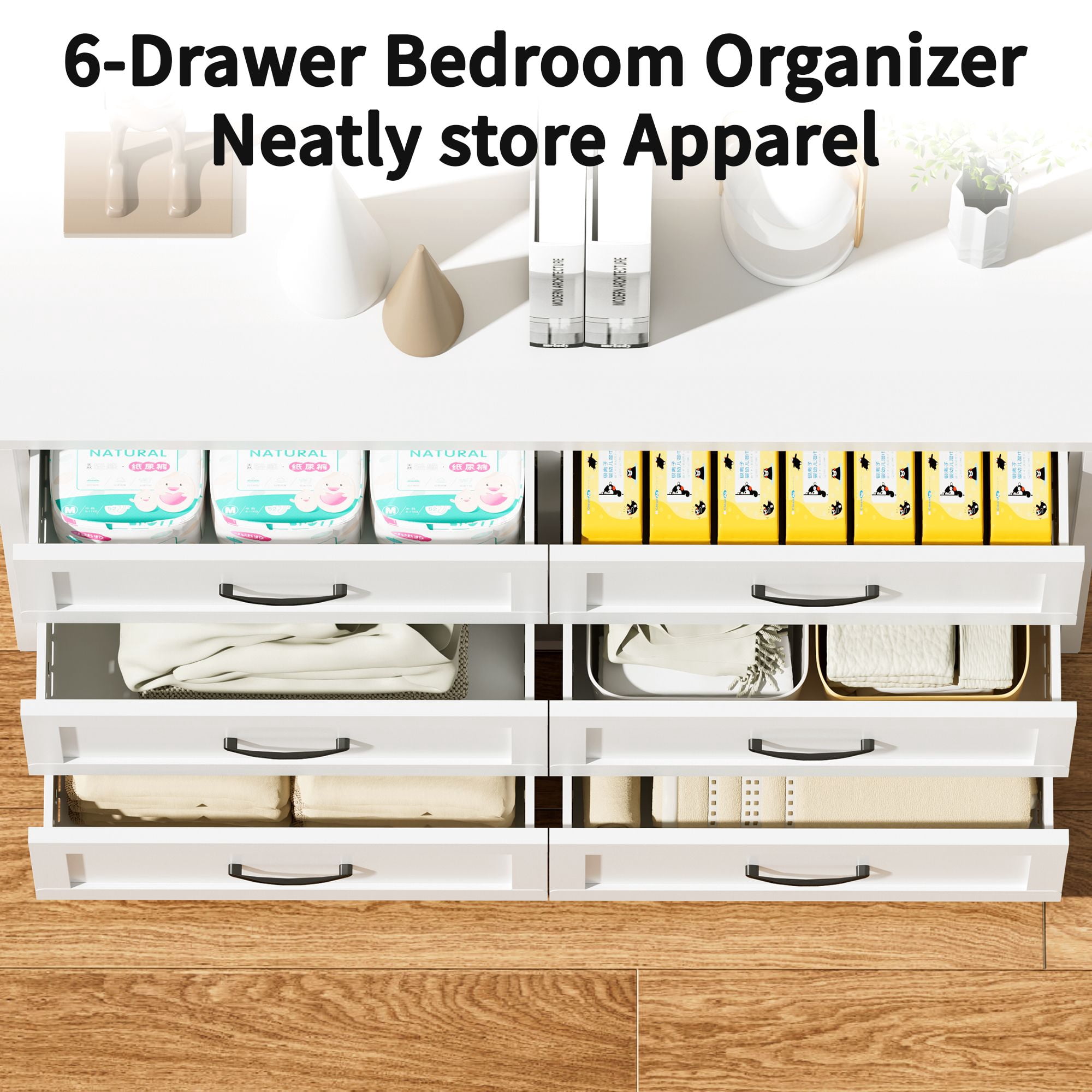 6 Drawer Dresser, Steel Storage Chest with Smooth-Glide Drawers, Space-Saving for Bedroom, Closet, Hallway, Entryway