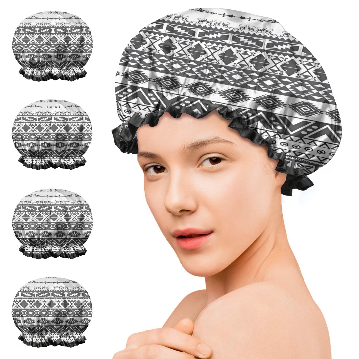 Shower Caps,Black Geometric Diamond Striped Pattern Waterproof Shower Cap for Women 4 Pieces,Double Reusable Hair Cover for Shower PEVA Elastic Stretch Hem