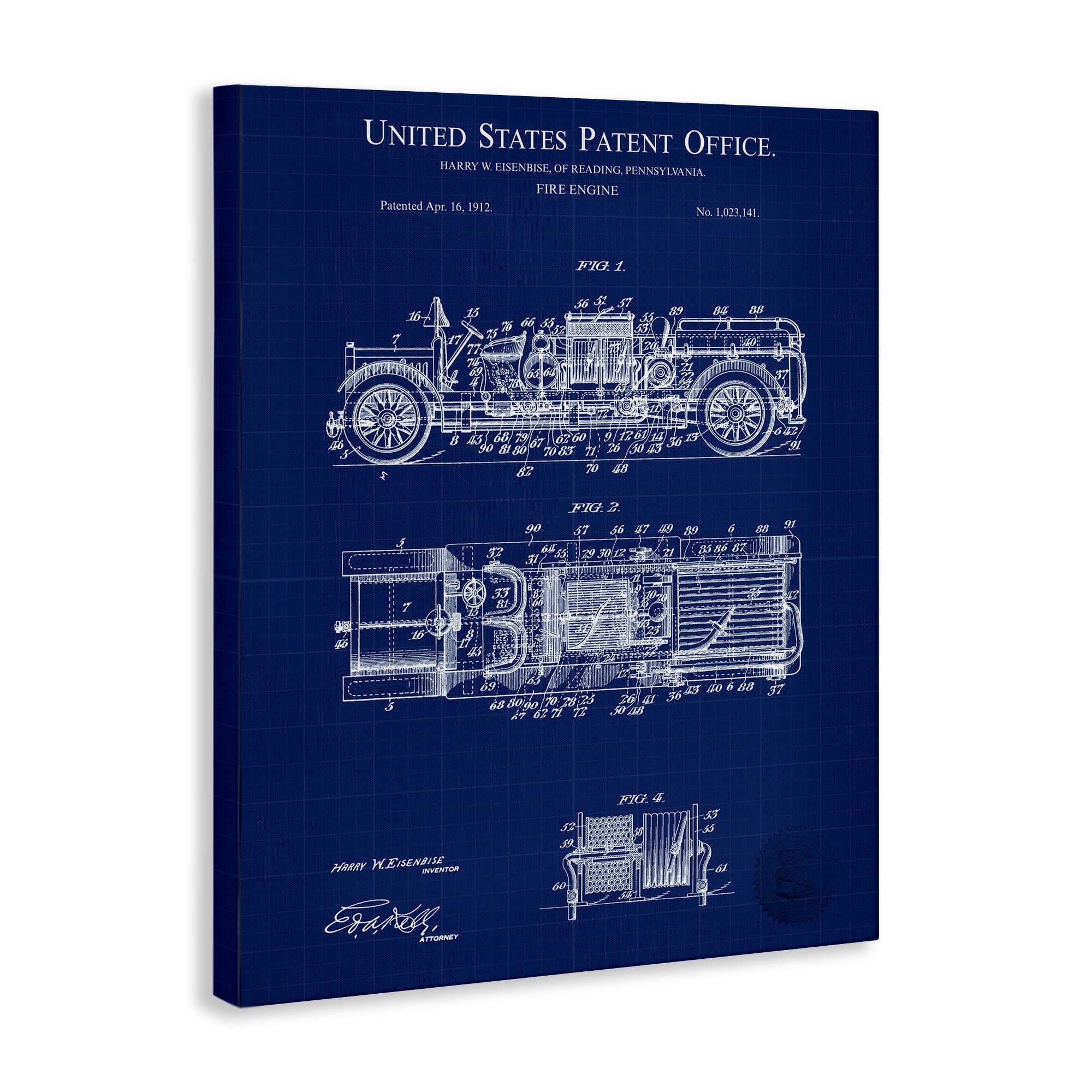Stupell Industries Fire Engine Blueprint Transportation Painting Gallery Wrapped Canvas Art Print Wall Art, 36 x 48