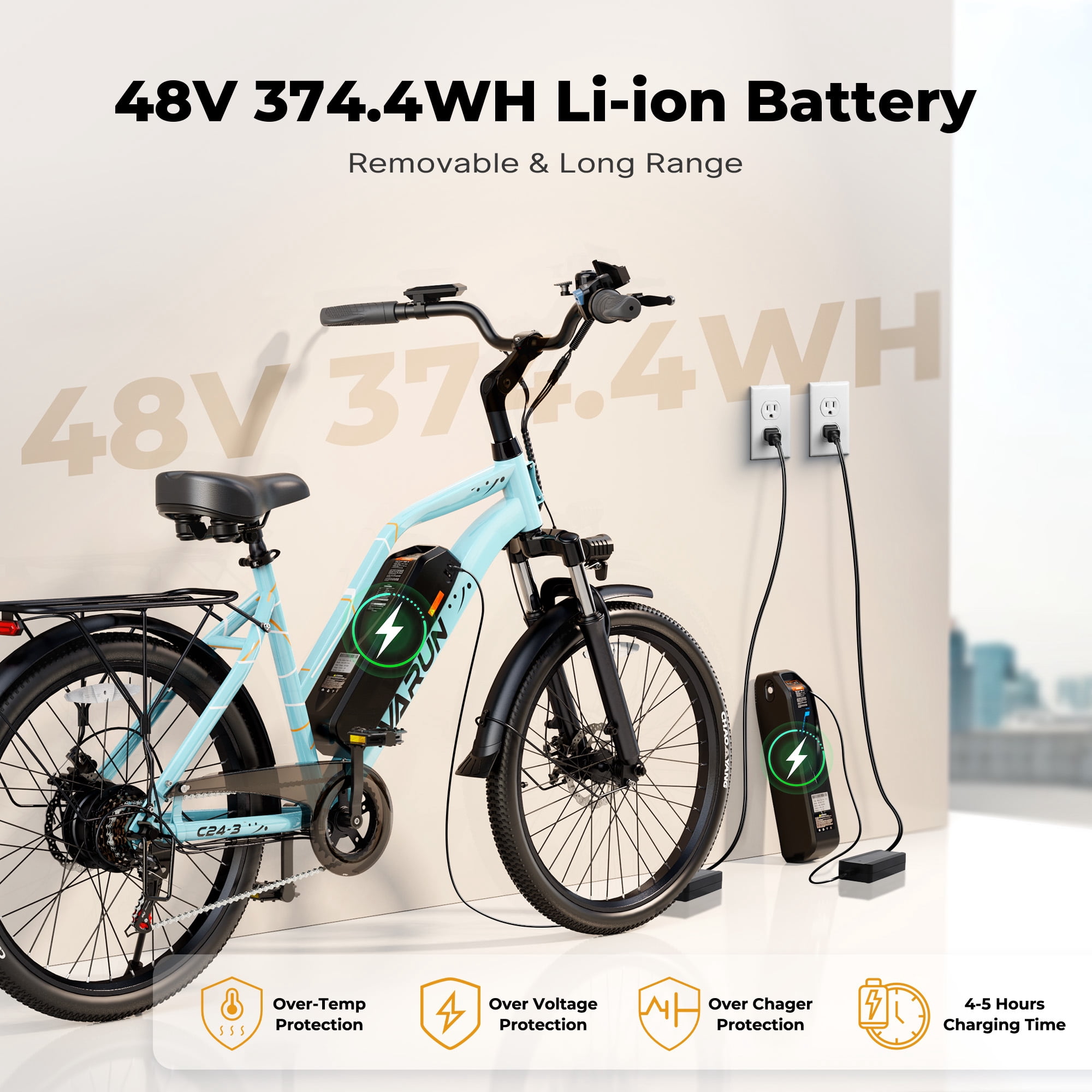 VARUN Electric Bike, 24" EBike with Peak 750W Motor, 48V 374.4Wh Removable Battery, Up To 20+MPH 40 Miles, 7-Speed Gears, Dual Disk Brakes, Taillight Reflector Electric Bicycle for Adult, UL2849