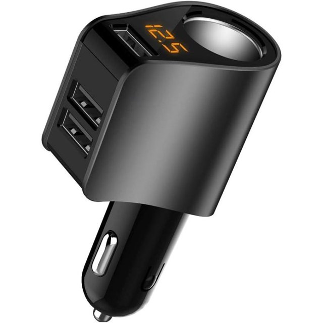 Adaptador de encendedor de cigarrillos de extensión de cargador de coche, divisor de enchufe de 3 puertos USB, salida de automóvil de 12V/24V con medidor de voltaje