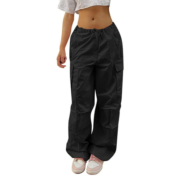 Hpapadks Womens Pants Plus Size Wide Leg Low Waist Solid Cargo Pant Slacks for Women Black L
