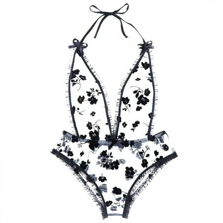 

DNDKILG Halter Sexy Teddy One Piece Bodysuit for Women Deep V Neck Mesh Sleepwear Lingerie Babydoll Black M