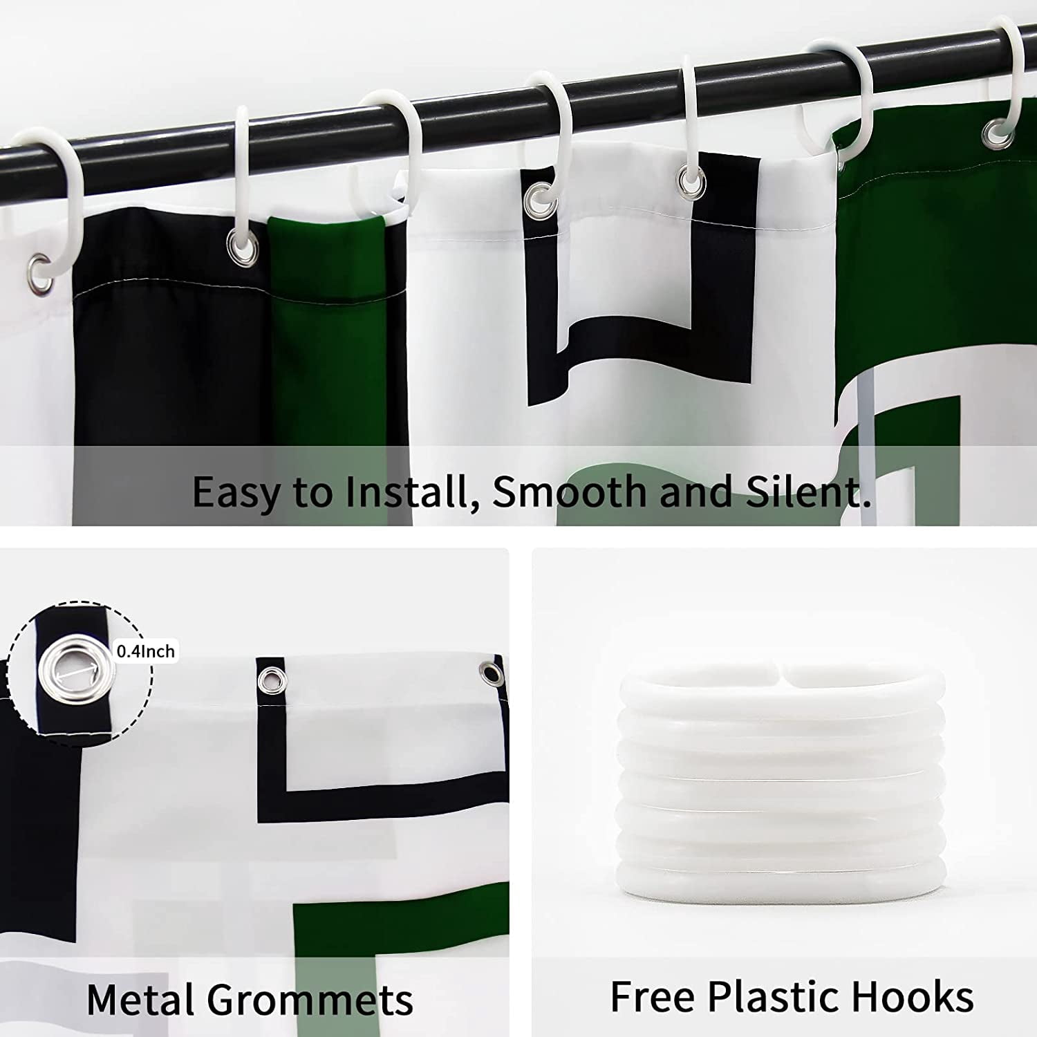 Green Shower Curtain, Abstract Geometric Fabric Shower Curtain Set, Emerald Green Black Grey Square White Backdrop Mid Century Modern Bathroom Decor, 72 x 72