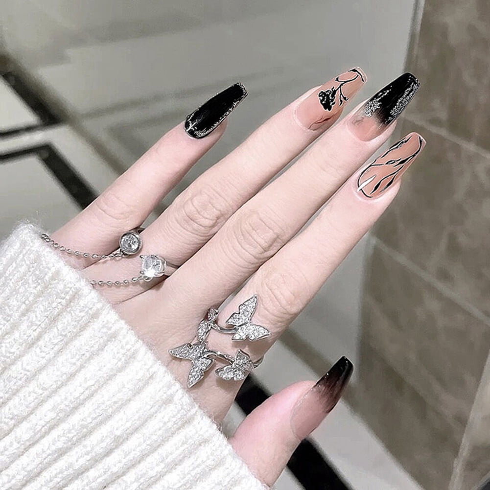 Personalrea Black Rose False Nails French Long Press On Nails Elegant  Fingernail Stickers - Walmart.com