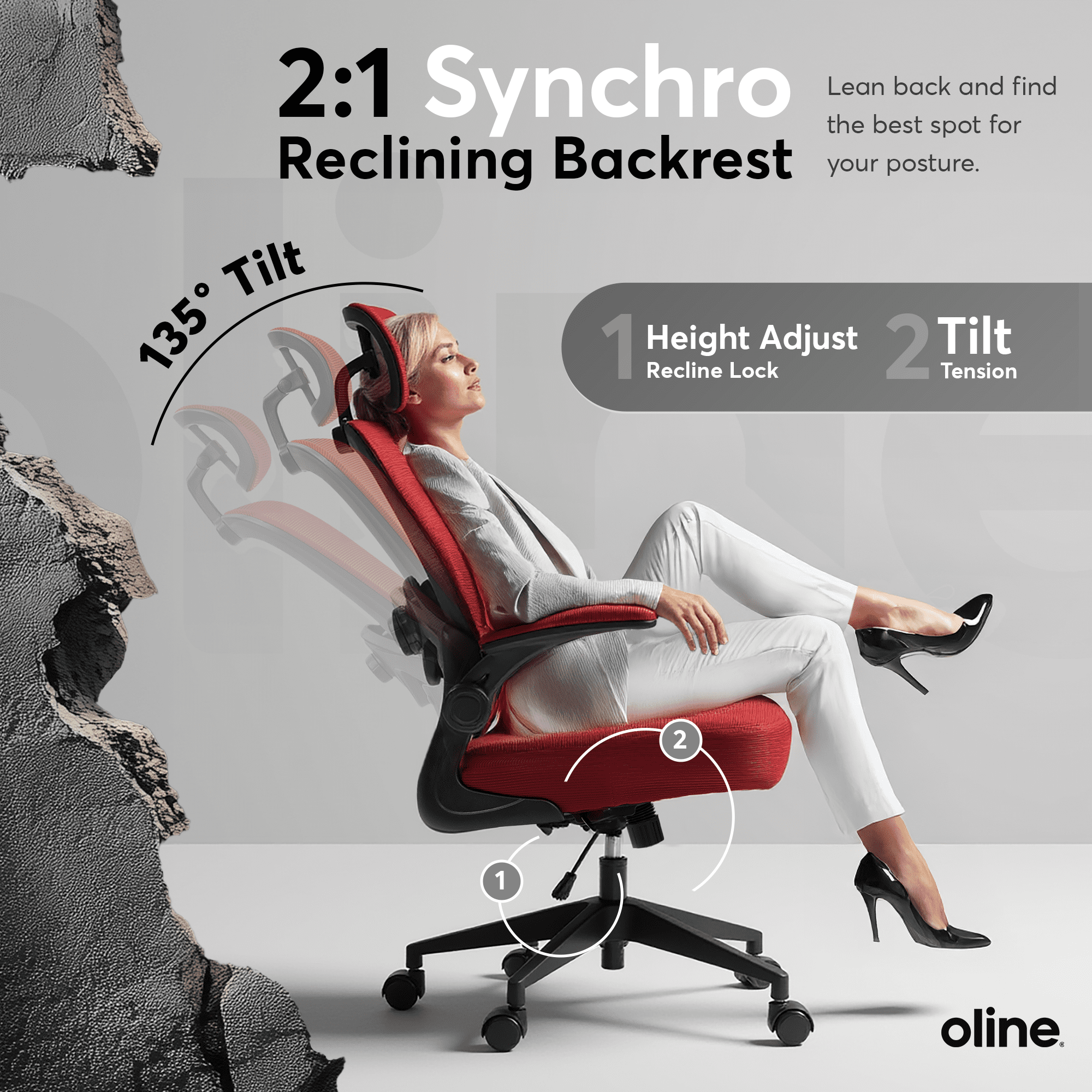 Oline ErgoAir Ergonomic Office Chair – Adjustable Lumbar Support, Flip-Up Armrests, Mesh Computer Desk Chair, Swivel Rolling Executive Gaming Chair for Home & Office (Red)