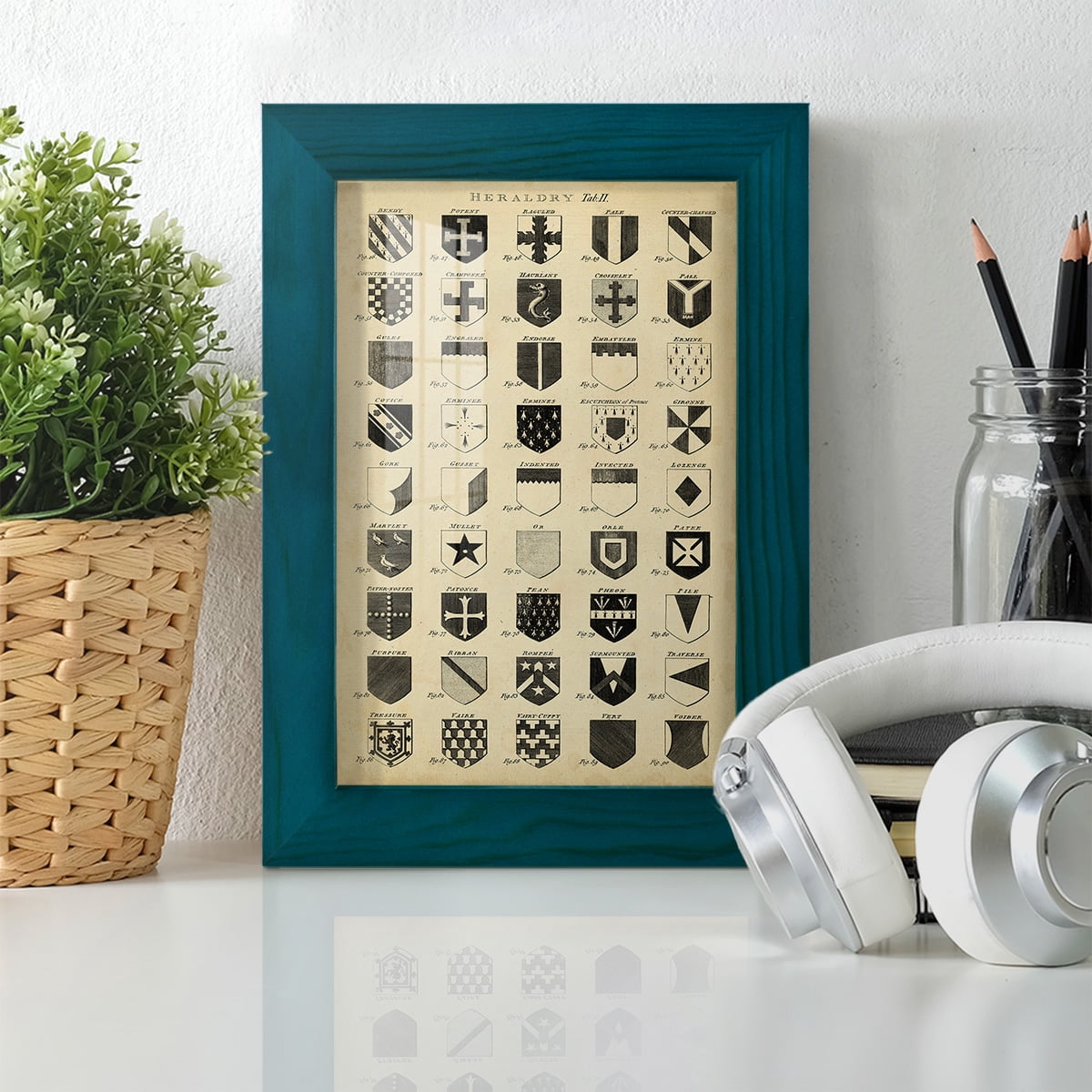 Vintage Heraldry II -Framed Print w/glass-Ocean Blue
