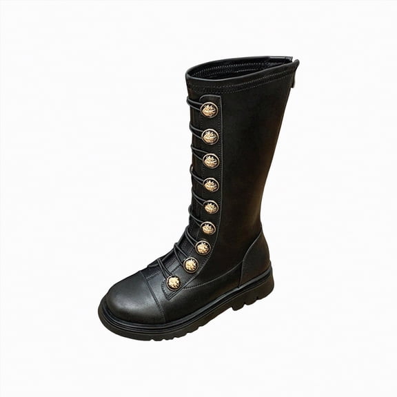 CAICJ98 Girls' Boots Leather Lace Up Combat Knee High Boots with Side Zipper Fashion Boots Non Slip Lug Sole Motorcycle Kids Riding Boots (Little Kid/Big Kid),13.5