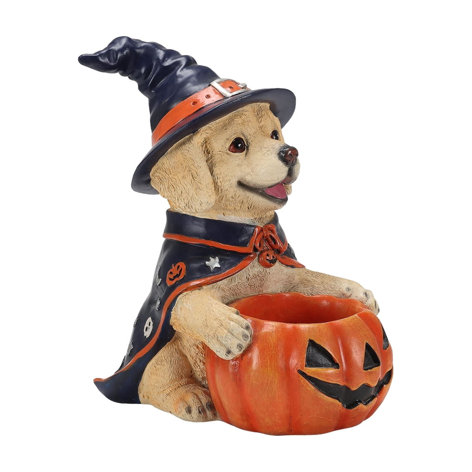 Labrador Puppy Witch Halloween Candy Bowl with Pumpkin Holder Resin Tabletop Decor