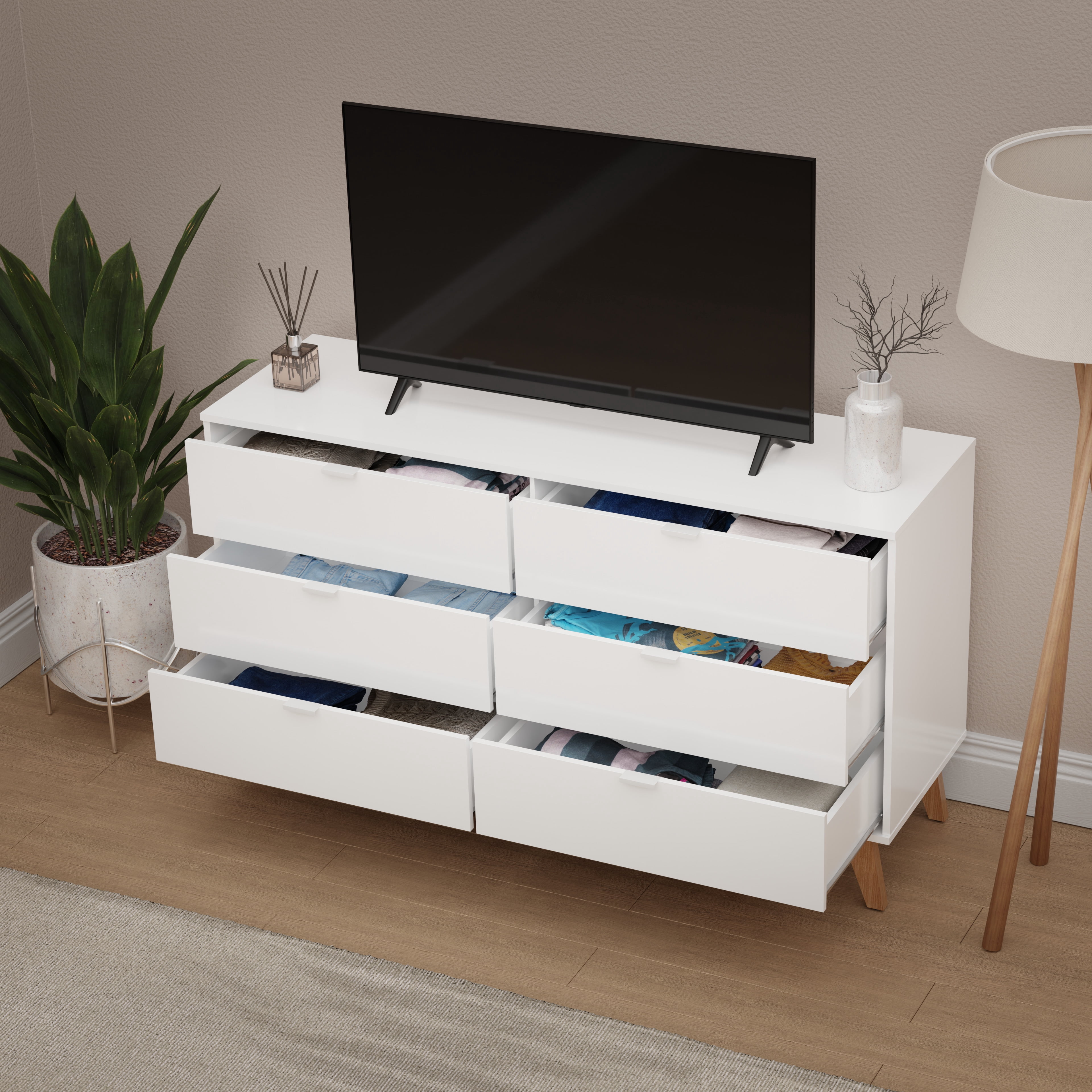 Kappesberg Hanford 6-Drawer Dresser White/Light Brown: Functionality and Style for Your Space, for Adults and Teens.