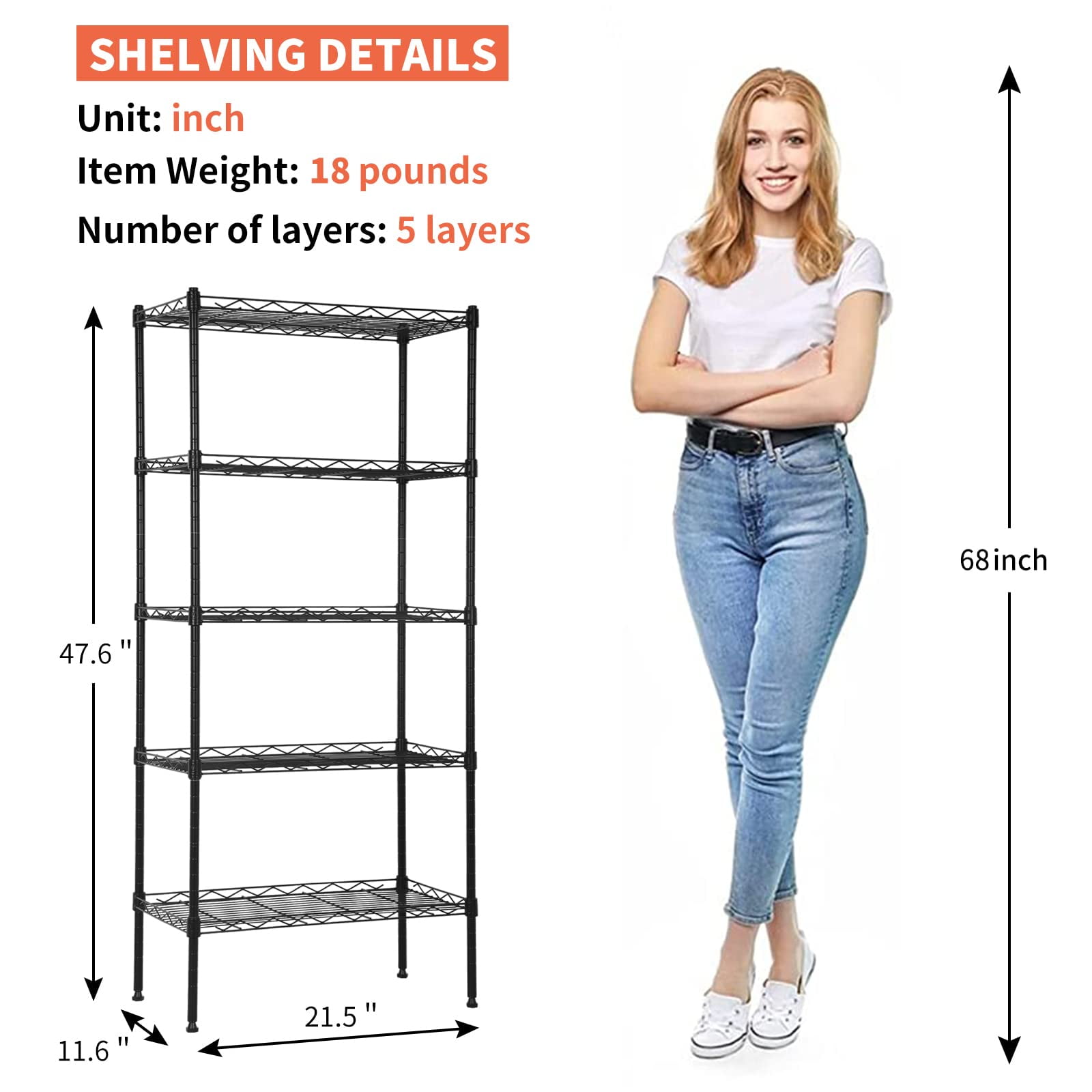 5-Tier Shelving Unit Adjustable Metal Shelves 48" H Storage Rack Wire Shelf for Pantry Kitchen Closet Organization Space Saving, 750LB Capacity, 21.5D x 11.6W x 47.6H, Black