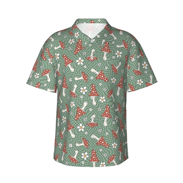 Balery Retro Hippie Groovy Mushroom Camisas hawaianas de manga corta para hombre, camisas playeras de corte holgado, camisas de vacaciones con botones,X-Large