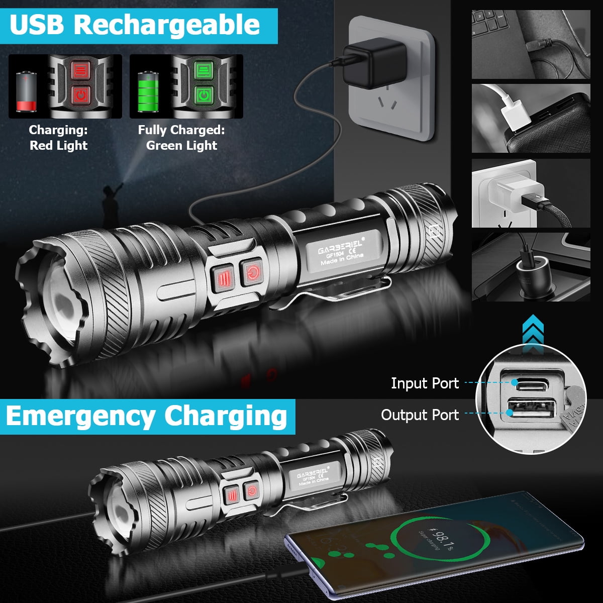 1pc Ultra-Bright 30W Rechargeable LED Flashlight with Adjustable Focus, 5 Lighting Modes with 26650 Battery & Power Bank for Camping, Hiking, Emergencies, Outdoor