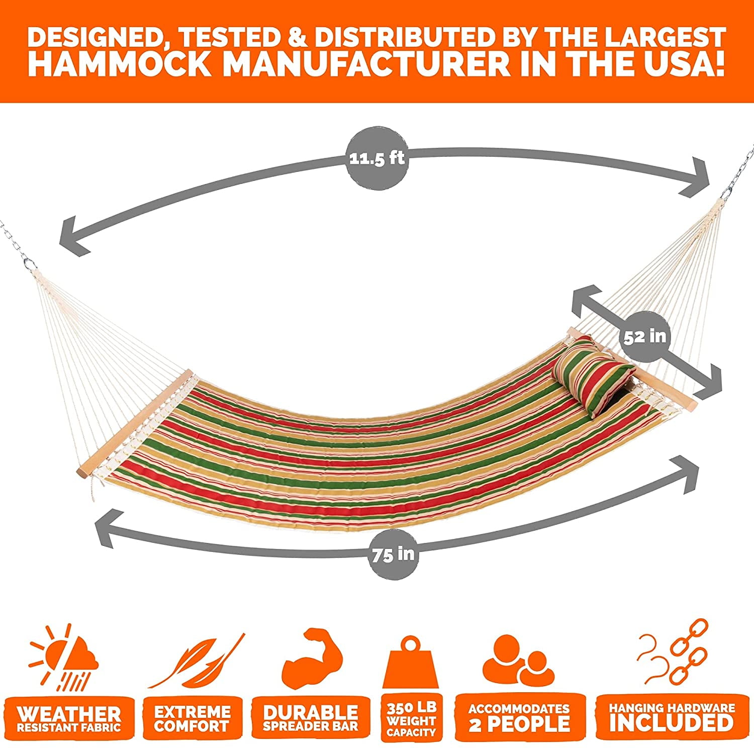 Large Double Quilted Hammock with Detachable Pillow - Garden Trellis Stripe