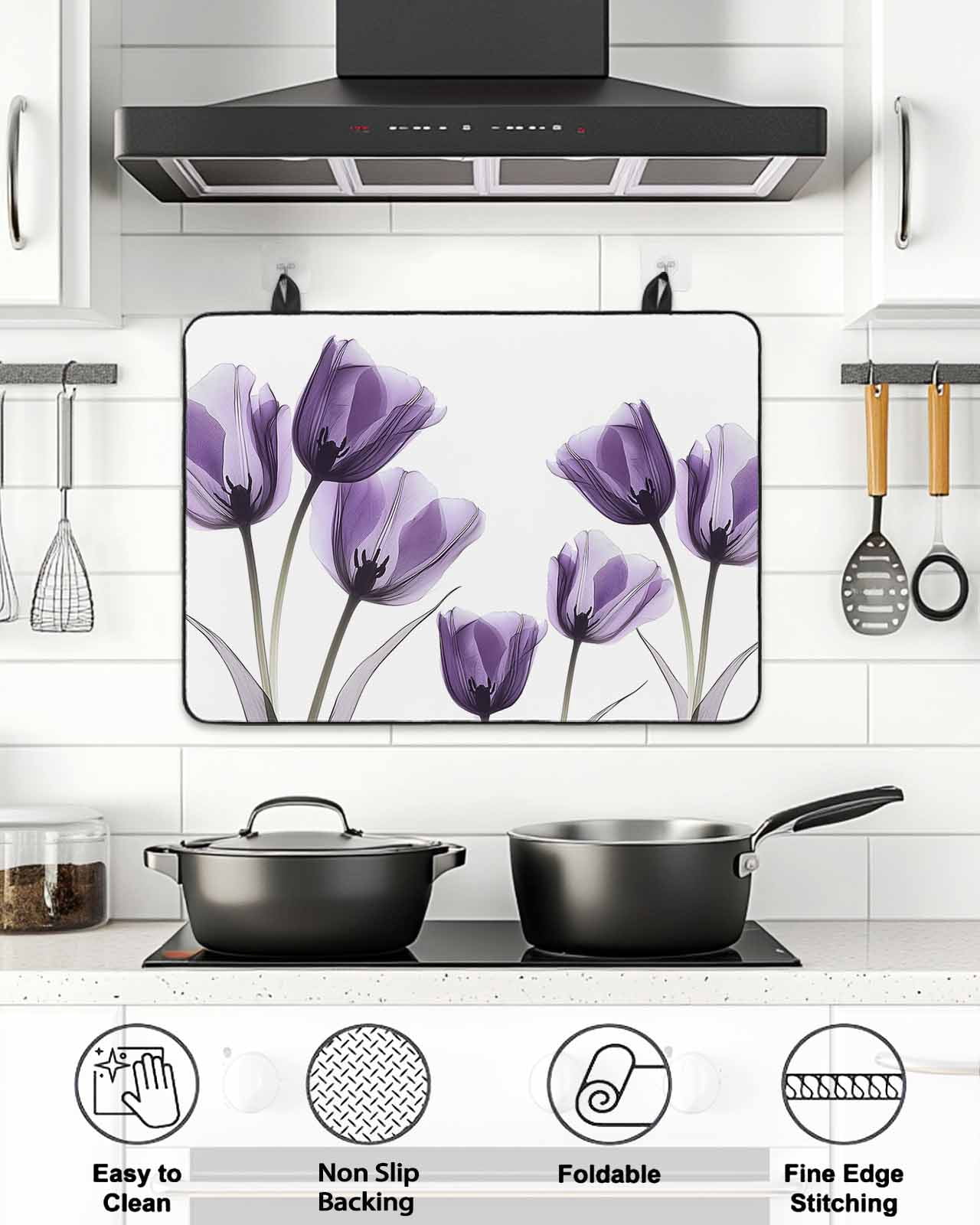 Stove Top Covers for Electric Stove, Purple Tulip Floral Glass Stovetop Cover Protector, Pastel Country White Wildflower Induction Cooktop Protector Oven Mat for Kitchen Countertop 24"x21"
