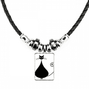 Black Cat Lover Halloween Animal Art Outline Necklace Jewelry Torque Leather Rope Pendant