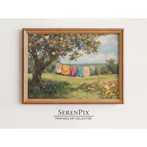 Laundry Room Art – Cottagecore Clothesline Print Floral Outdoor Laundry Scene Country Farmhouse Decor Vintage Style Wall Art Modern Wall Decor