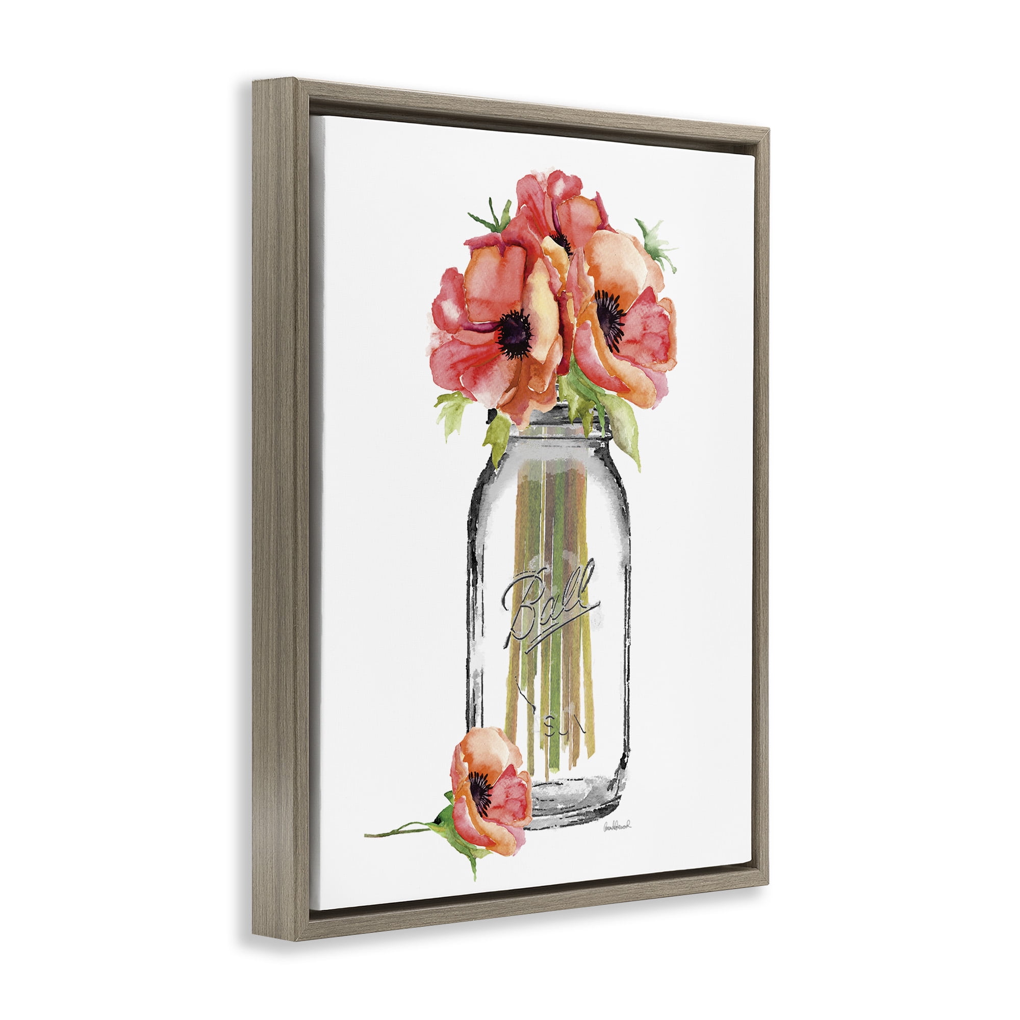 Stupell Industries Mason Jar Poppies Botanical & Floral Painting Brown Floater Framed Canvas Art Print Wall Art, 25 x 31