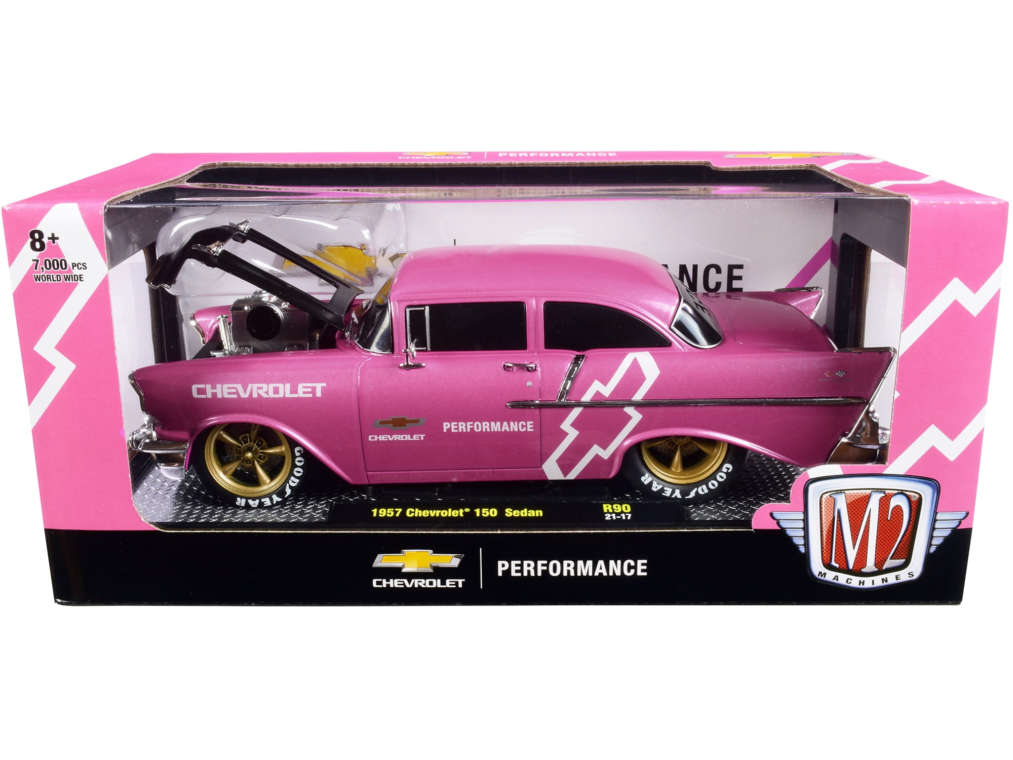 1957 Chevrolet 150 Sedan Medium Pink Pearl with Black Hood and Graphics Ltd  Ed to 7000 pcs 1/24 Diecast Model Car by M2 Machines