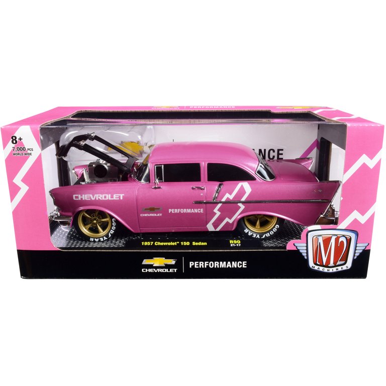 1957 Chevrolet 150 Sedan Medium Pink Pearl with Black Hood and Graphics Ltd Ed to 7000 pcs 1/24 Diecast Model Car by M2 Machines