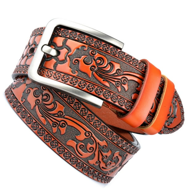 Qarigey Cinturón masculino liso y resistente al desgaste con impresión de moda, mano de obra fina sin rebabas PU Cinturones Naranja 125cm