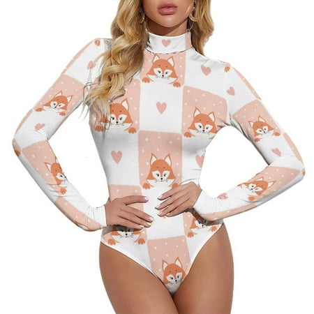 Long Sleeve Bodysuit for Women  Love Plaid Fox Turtle Neck Body Suits Tops Jumpsuit for Womens Tummy Control  Fall Winter Outfits Fashion Clothes for Women 2024