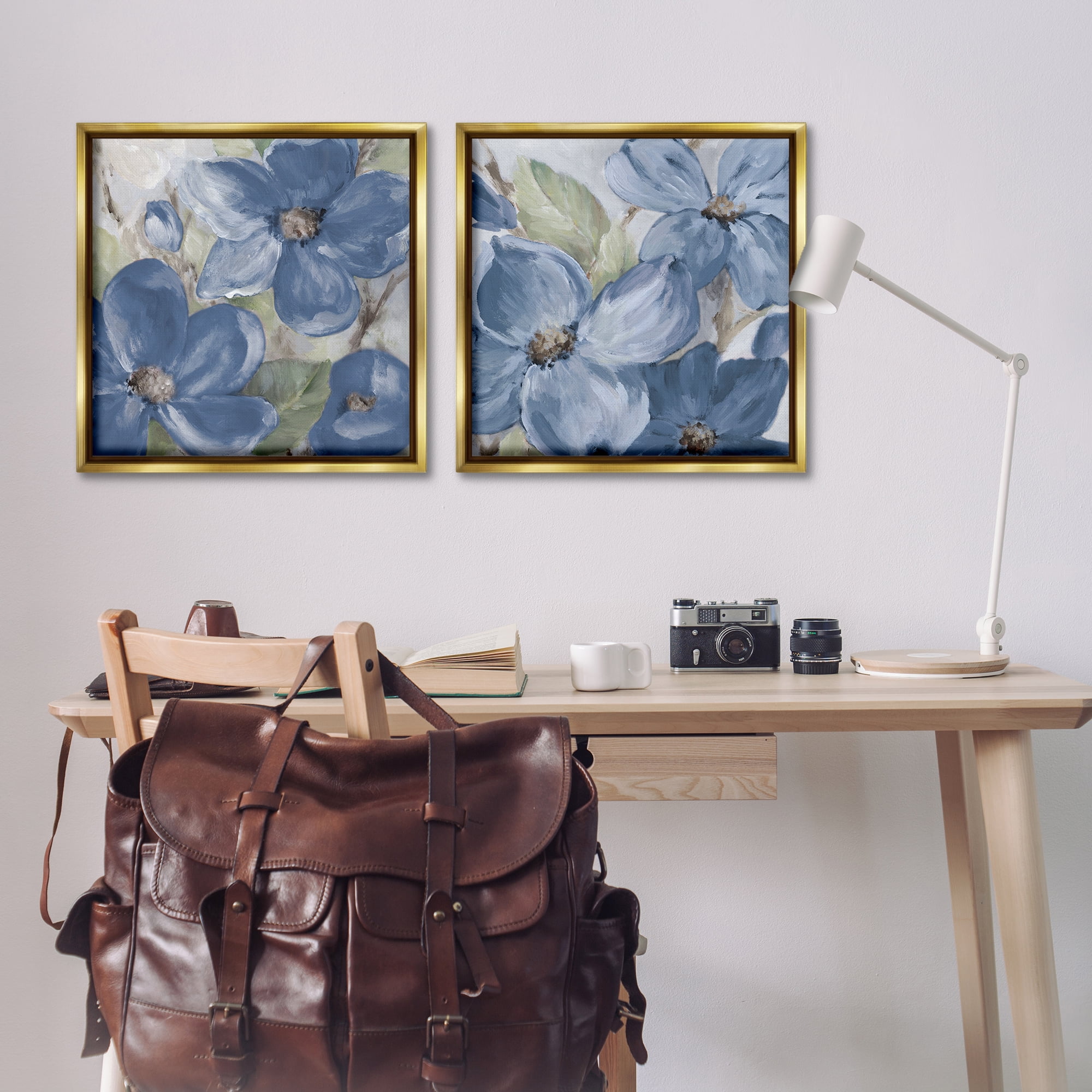 Stupell Industries Blue Blooming Petals Plants & Flowers Painting Gold Floater Framed Canvas Art Print Wall Art, 25 x 25, Set of 2