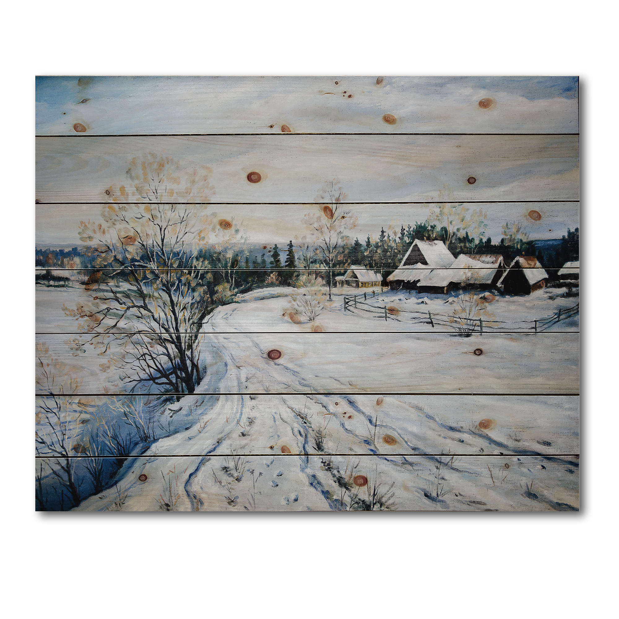 Designart 'Country Road In Winter Times Landscape II' Traditional Print on Natural Pine Wood