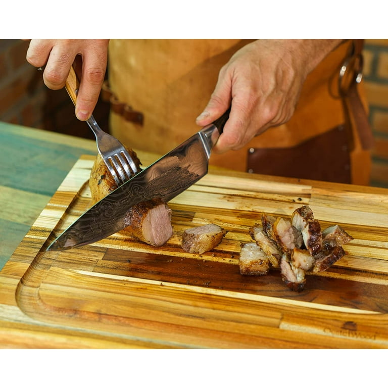 meistar Large End Grain Teak Wood Cutting Board for Kitchen, Brisket and  BBQ with S. Steel Tray, Fork, and Knife 