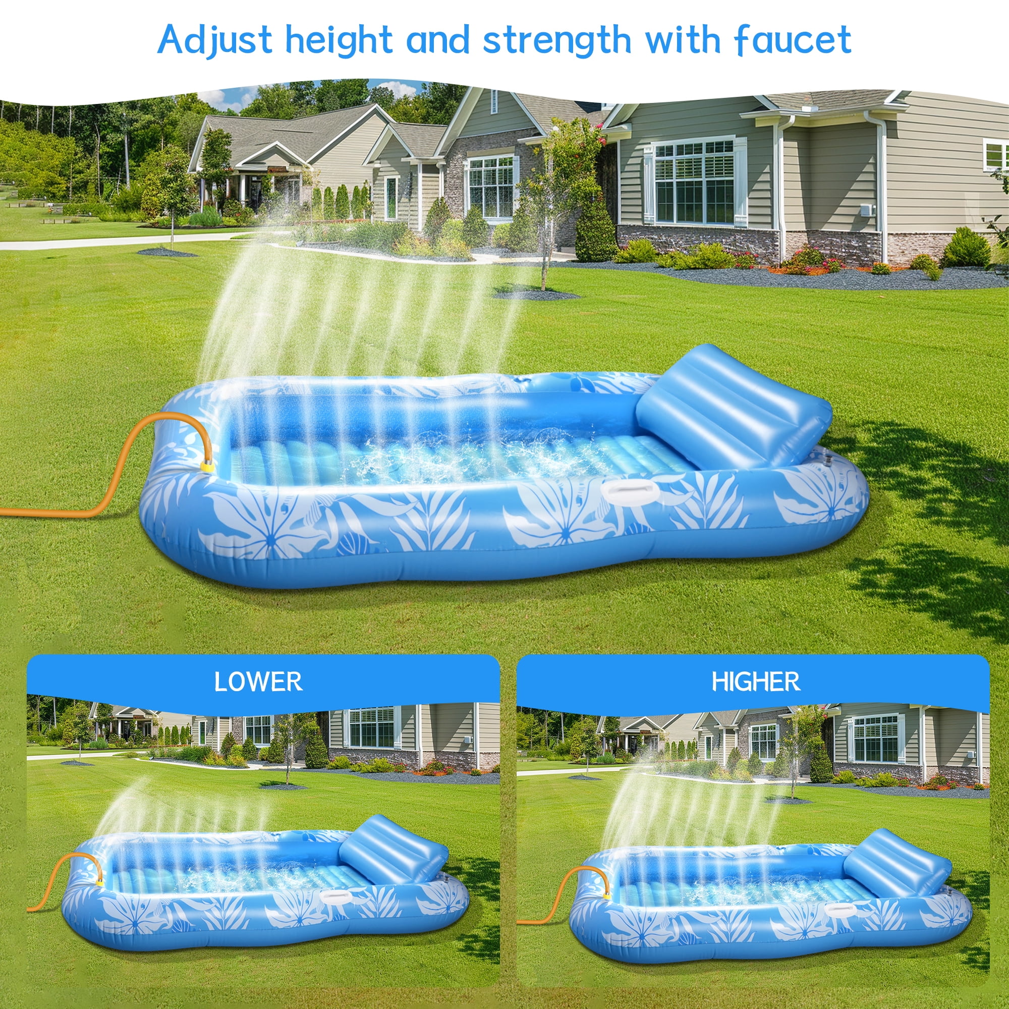 Inflatable Tanning Pool Lounger Float with Sprinkler, 81" x 51" Pool Floats Adult with Pillow, all in one Suntan Tub Raft Floatie with Drink Holder Sunbathing Water Lounge Blue