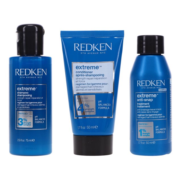 Redken Paquete Combinado de Champú Extreme de 2,5 oz, Acondicionador Extreme de 1,7 oz y Tratamiento Anti-encrespamiento Extreme sin Enjuague de 1,7 oz