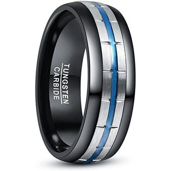 8mm Black Tungsten Carbide Ring for Men Women with Blue Grooved Promise Wedding Bands Comfort Send to relatives and friends Fit Size 7-12