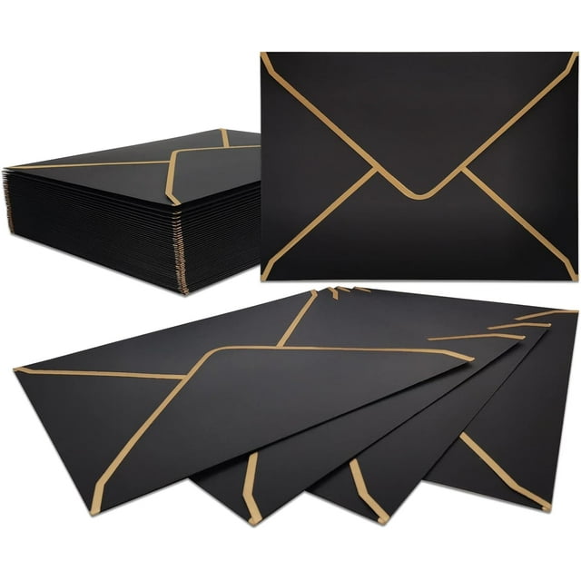 50 sobres de invitación negros de 18,5 x 13,5 cm, sobres de 5 x 7 pulgadas con solapa en V, sobres de sellado rápido con borde dorado para cumpleaños, bodas, graduaciones, tarjetas de felicitación