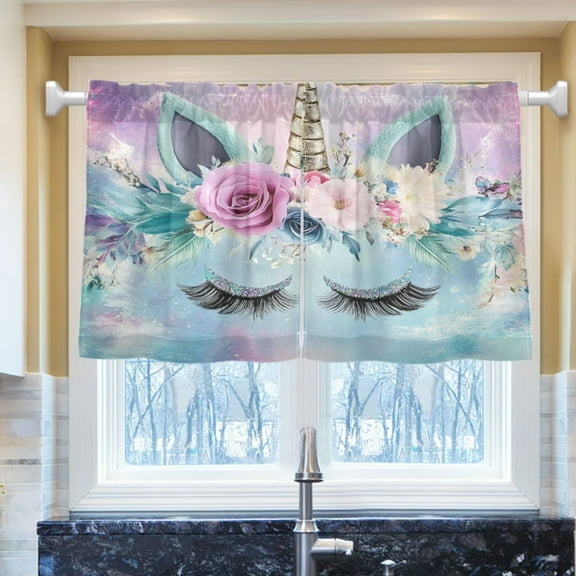 Ryvnso Cute Unicorn Half Curtains Sets Tier 2 Panels Short Curtain Rod Pocket 27"W x 24"L